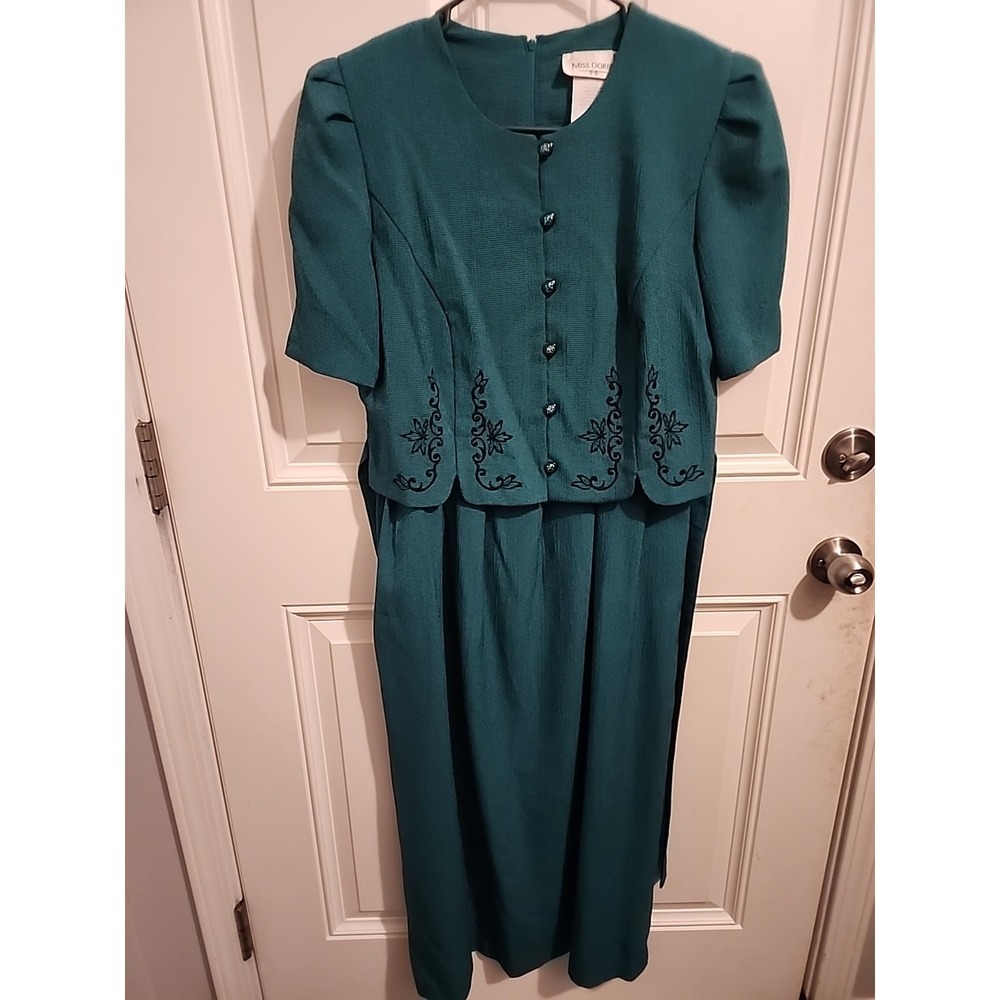 Vintage Miss Dorby Dress Embroidered Green Floral Belted Pleated 80s Granny Sz 8